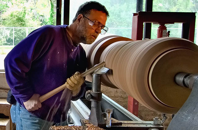 Mark Lindquist turning on his retrofitted pattern maker's lathe